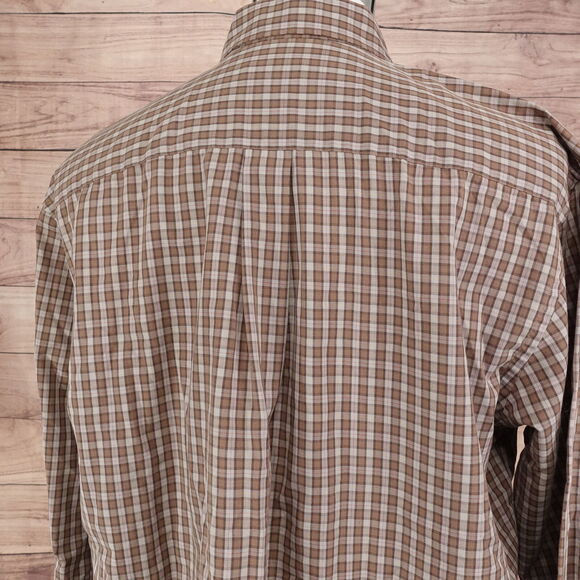 VAN HEUSEN NO WRINKLE BROWN CHECK BUTTON DOWN SHIRT MENS SIZE L 16-16.5 - Picture 5 of 6